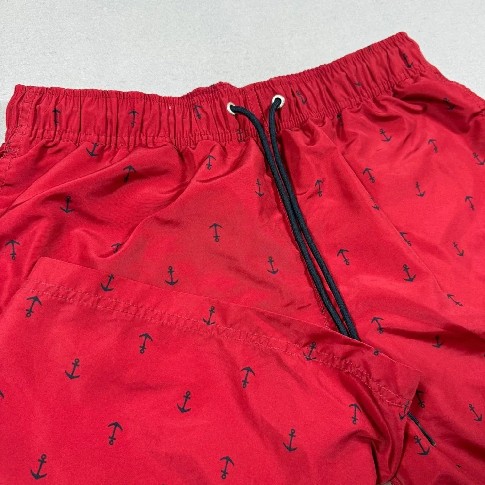 Nautica Mens Red Anchor Print Swim Trunks Drawstring Board Shorts Size S